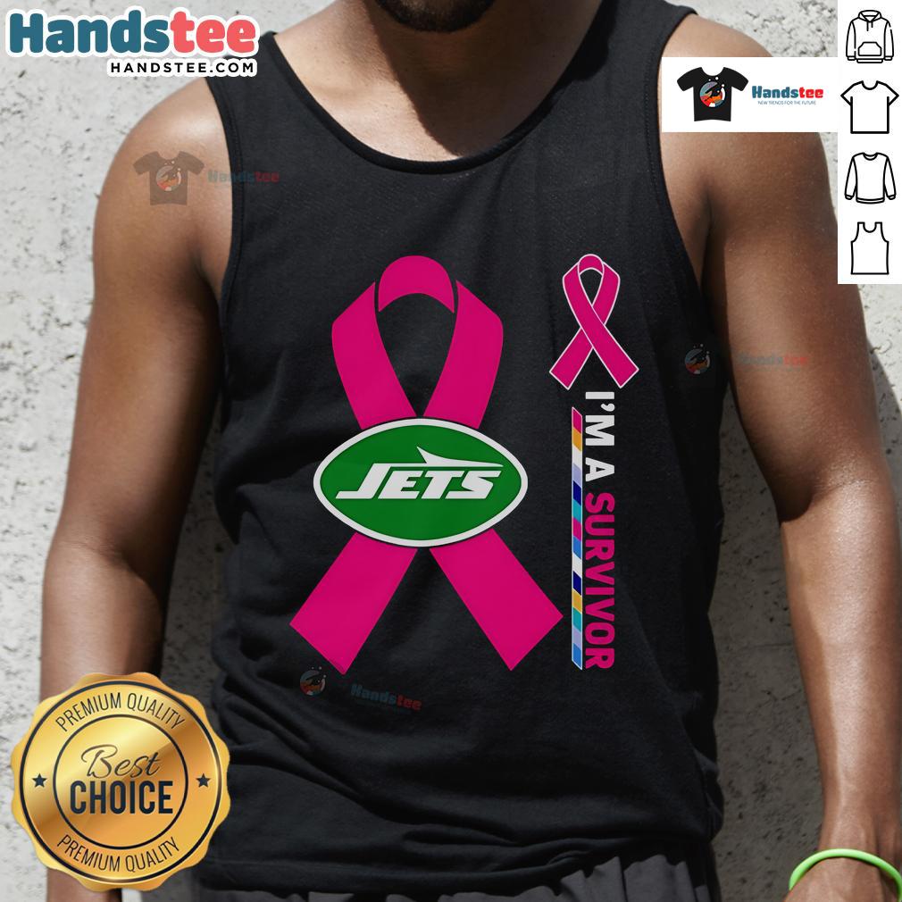 New York Jets cancer awareness tank top featuring 'I'm a Survivor' message, perfect for showing support and strength.