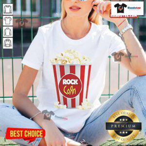 Good Rock Corn Popcorn Ladies Tee featuring a fun popcorn graphic, perfect for movie nights and casual wear.
