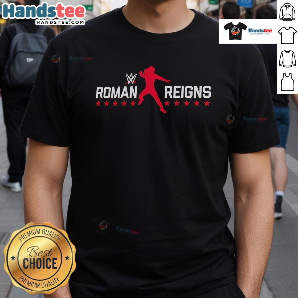 Alt Text: Good Roman Reigns Stars Logo T-Shirt featuring a bold design with stars and the iconic wrestler's logo. Perfect for fans!