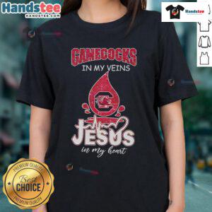 Alt Text: Good South Carolina Gamecocks in My Veins Jesus in My Heart ladies tee featuring vibrant graphics and comfortable fit.