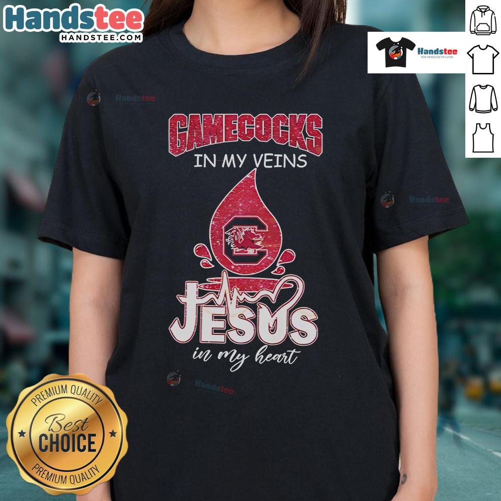 Alt Text: Good South Carolina Gamecocks in My Veins Jesus in My Heart ladies tee featuring vibrant graphics and comfortable fit.