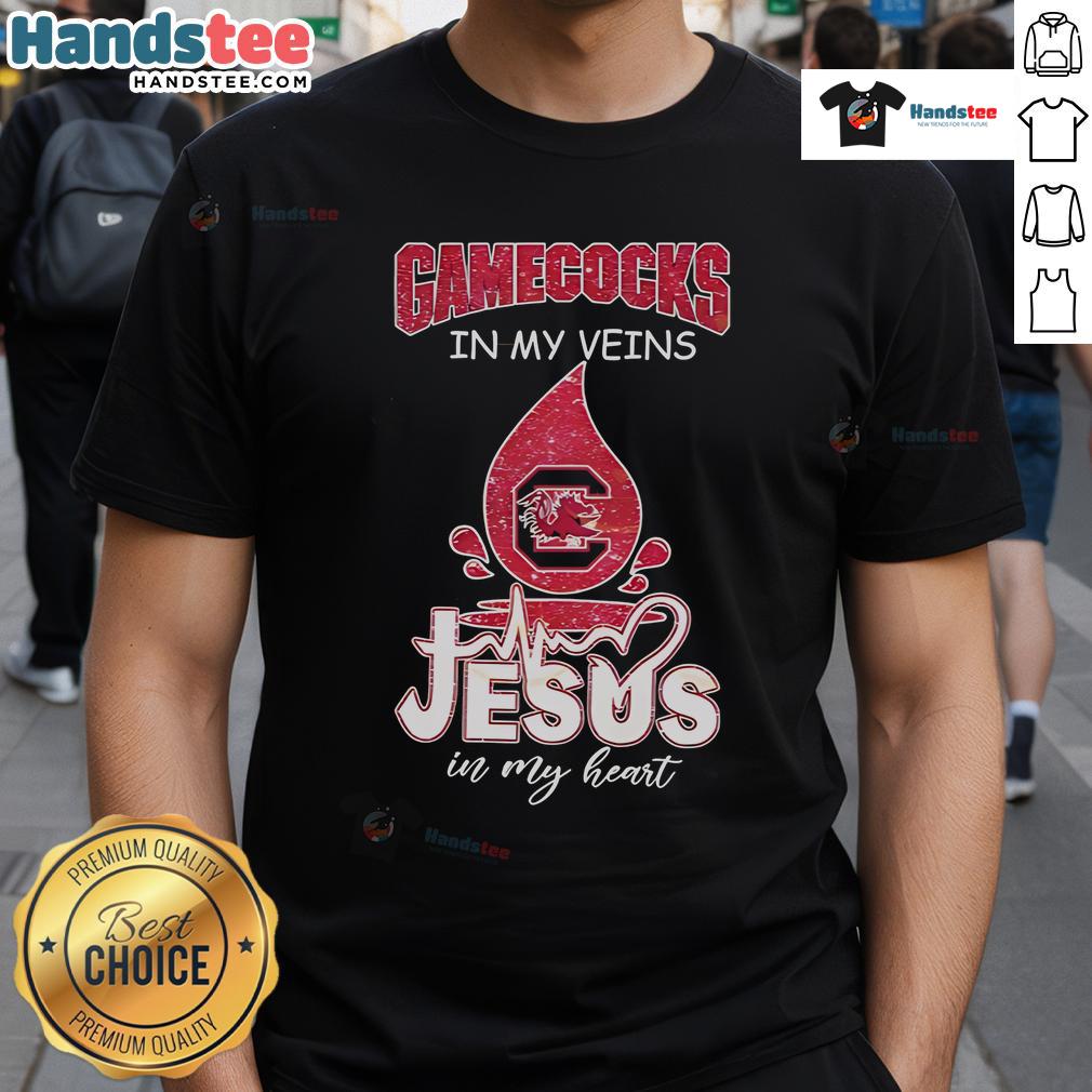 Good South Carolina Gamecocks In My Veins Jesus In My Heart T-Shirt design featuring bold graphics and team colors.