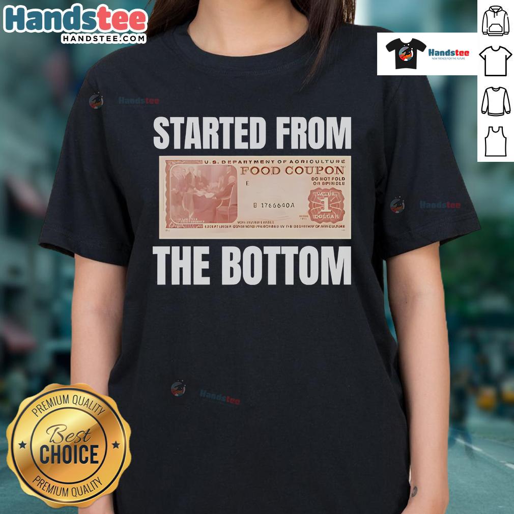 Good Started From The Bottom Food Coupon Ladies Tee featuring a stylish design for food enthusiasts and coupon lovers.