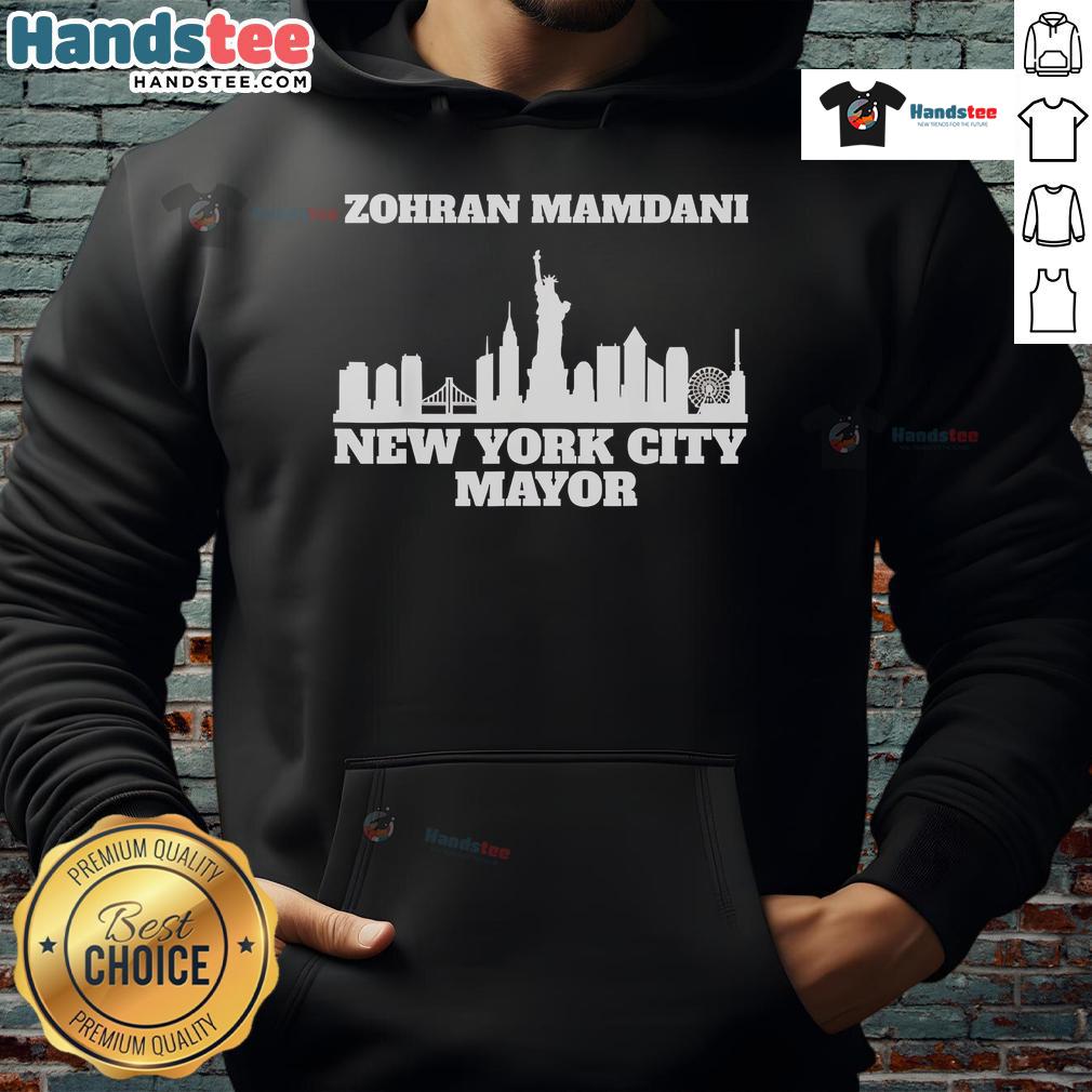 Good Zohran Mamdani wearing a New York City Mayor hoodie, showcasing his candidacy and style in a vibrant urban setting.