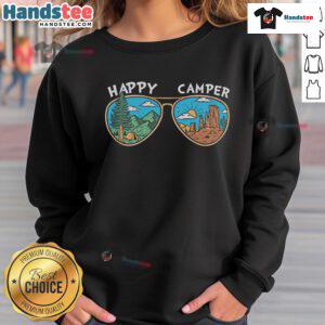 Cozy Happy Camper sweatshirt featuring vibrant sunglasses design, perfect for outdoor enthusiasts and casual wear.