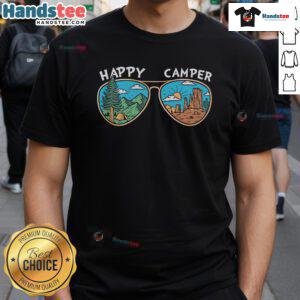Happy Camper Sunglasses T-Shirt featuring a vibrant graphic design perfect for outdoor enthusiasts and summer fun.