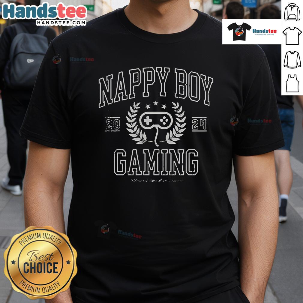 Happy boy wearing a Nbg Collegiate T-Shirt, enjoying gaming with a big smile, showcasing fun and comfort.
