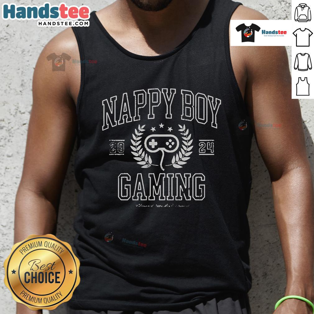 Happy boy wearing NBG Collegiate tank top while gaming, showcasing vibrant style and comfort for young gamers.