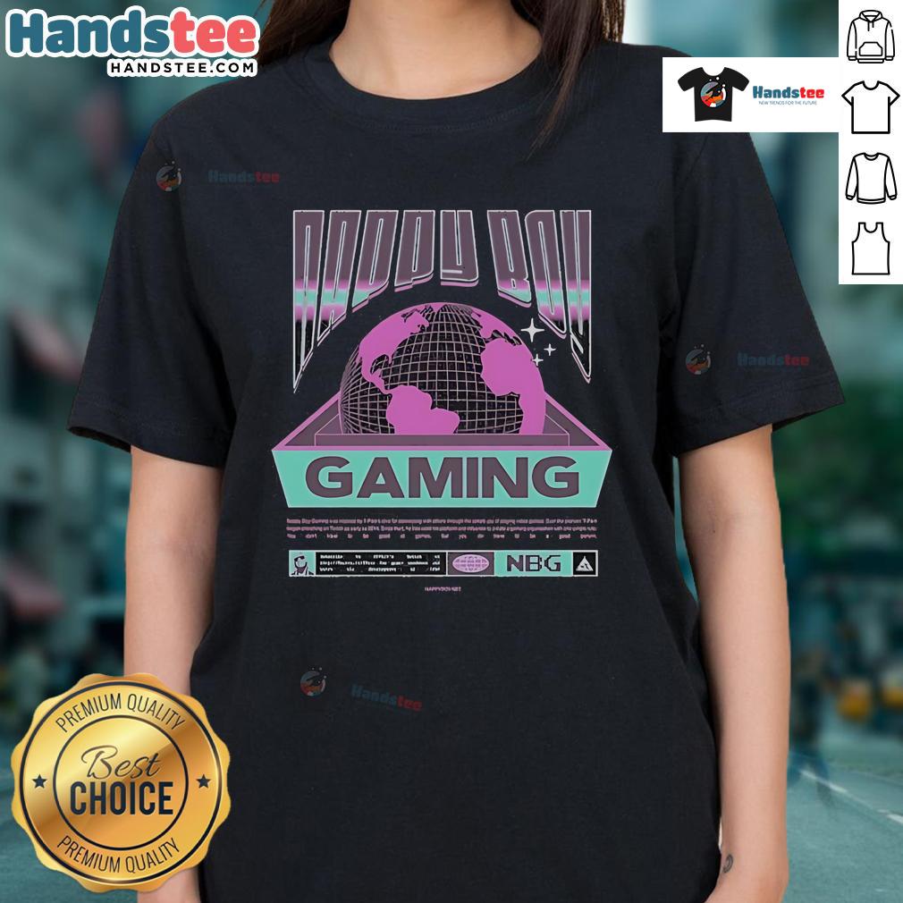 Happy boy gaming worldwide in a stylish ladies tee, showcasing fun and comfort for gaming enthusiasts.