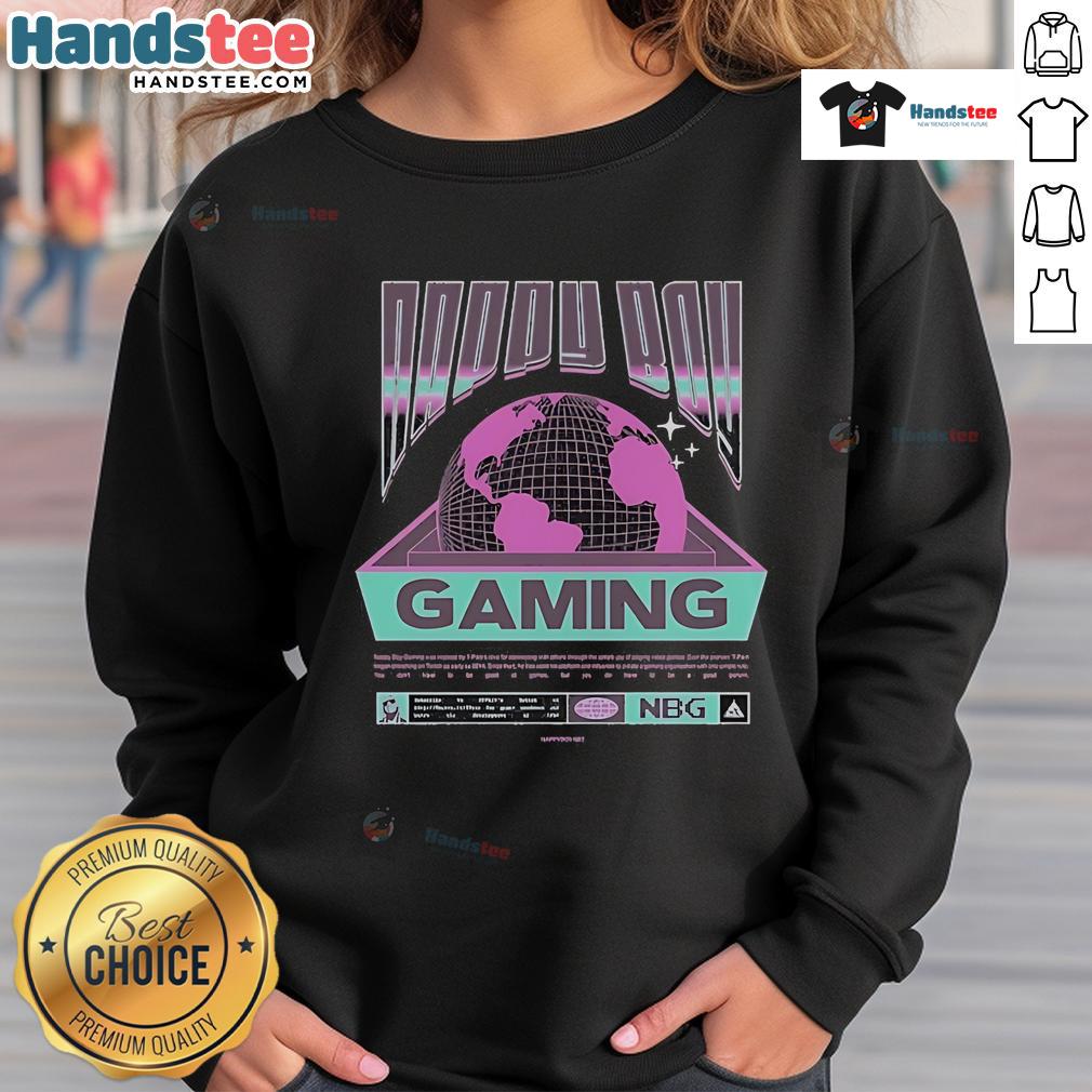 Happy boy wearing a 'Happy Nappy Boy Gaming Worldwide' sweatshirt, smiling while playing video games.