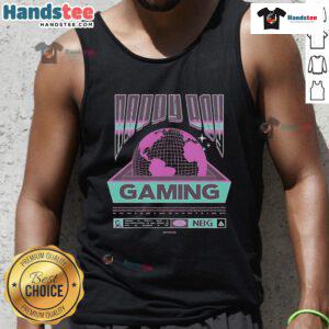 Happy boy wearing a 'Gaming Worldwide' tank top, smiling while playing video games at home.
