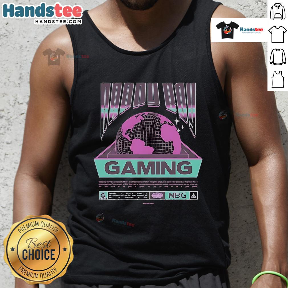 Happy boy wearing a 'Gaming Worldwide' tank top, smiling while playing video games at home.