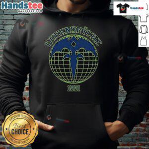 Happy Queensryche Athletic Globe 1981 Hoodie featuring a vintage design and vibrant colors, perfect for music fans.