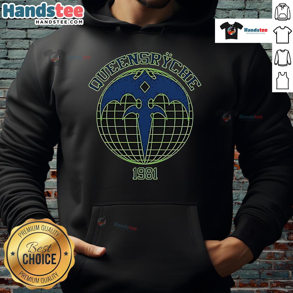 Happy Queensryche Athletic Globe 1981 Hoodie featuring a vintage design and vibrant colors, perfect for music fans.