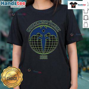 Happy Queensryche Athletic Globe 1981 ladies tee featuring vintage band logo and stylish design for music fans.