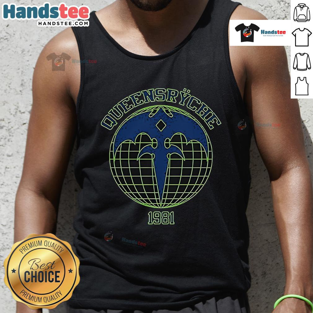 Happy Queensryche Athletic Globe 1981 tank top featuring vibrant design, perfect for fans of classic rock apparel.