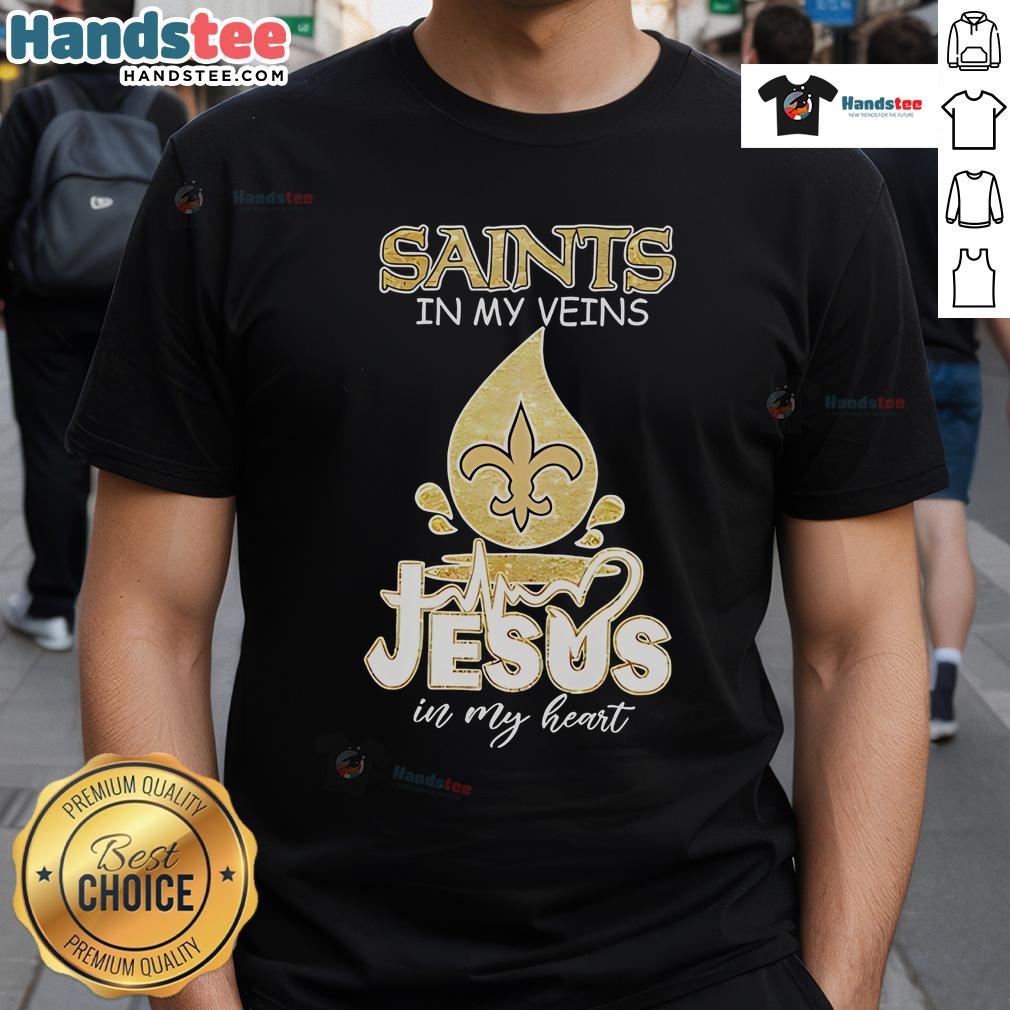 Alt Text: Happy Saints In My Veins Jesus In My Heart T-Shirt featuring a vibrant design with religious symbols and heartfelt messages.