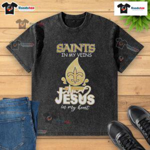 Happy Saints In My Veins Jesus In My Heart washed t-shirt design featuring vibrant colors and inspirational message.