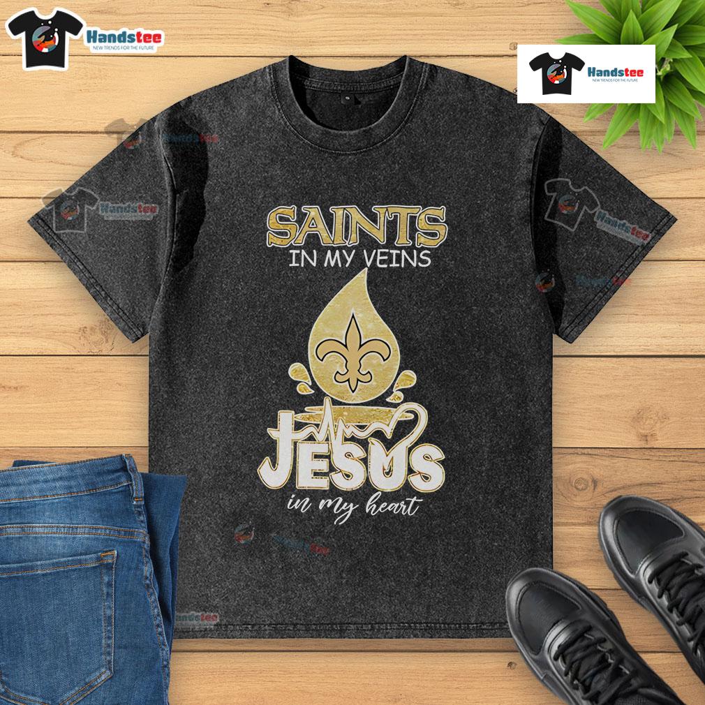 Happy Saints In My Veins Jesus In My Heart washed t-shirt design featuring vibrant colors and inspirational message.
