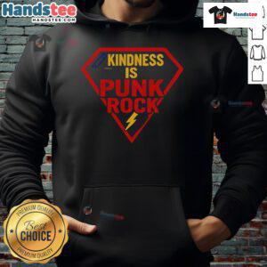 Alt Text: Happy Superman logo on a hoodie with 'Kindness is Punk Rock' text, perfect for stylish, positive vibes.