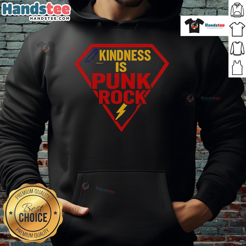 Alt Text: Happy Superman logo on a hoodie with 'Kindness is Punk Rock' text, perfect for stylish, positive vibes.