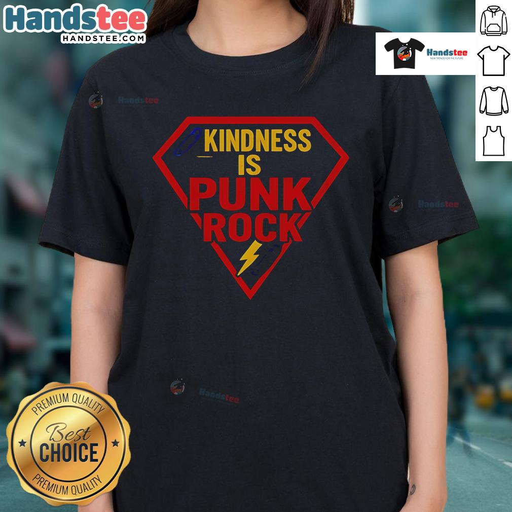 Happy Superman logo on a 'Kindness is Punk Rock' ladies tee, promoting positivity and style in fashion.