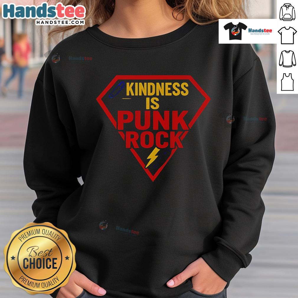 Happy Superman logo on 'Kindness is Punk Rock' sweatshirt, showcasing a bold statement in stylish, casual wear.