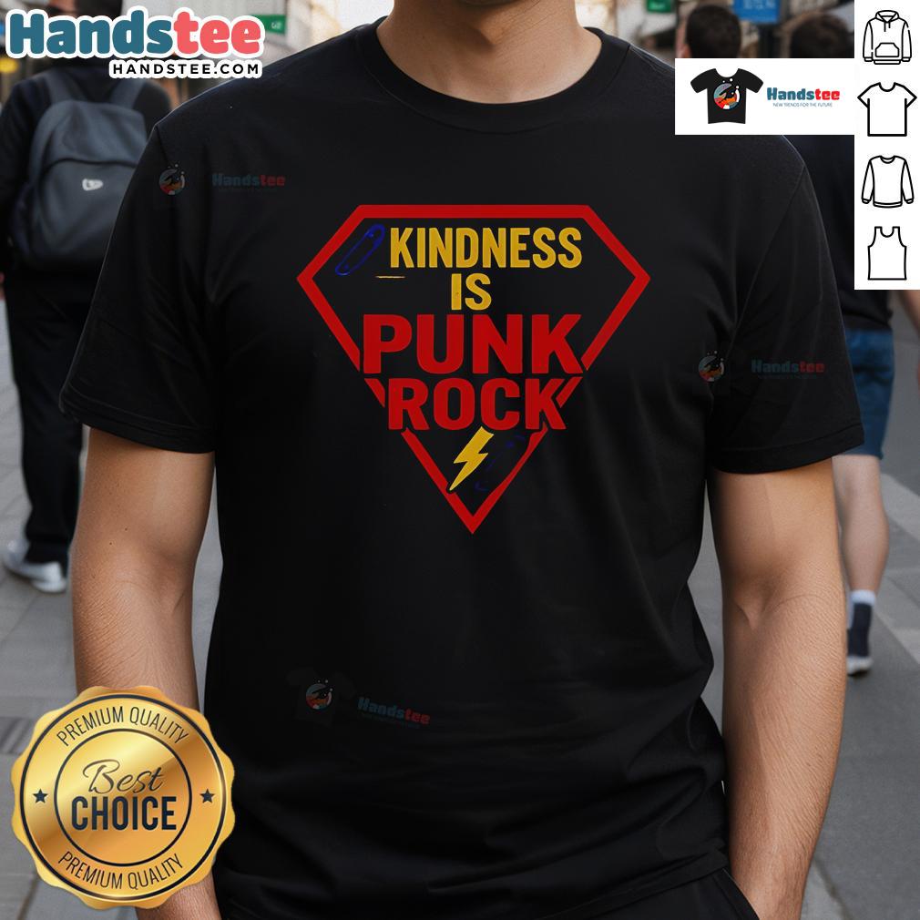 Happy Superman logo on a 'Kindness Is Punk Rock' T-shirt, promoting kindness with a fun and bold design.