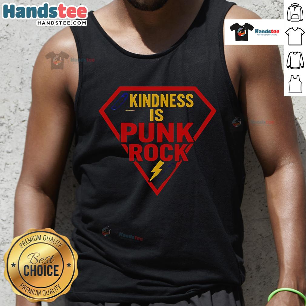Happy Superman logo on a 'Kindness is Punk Rock' tank top, showcasing a fun and vibrant design for casual wear.