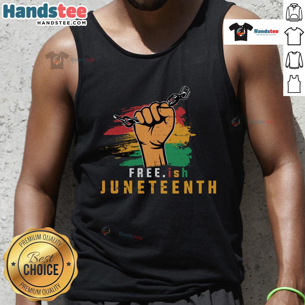 Stylish Hot Free.ish Juneteenth tank top featuring vibrant colors and celebratory design, perfect for Juneteenth celebrations.
