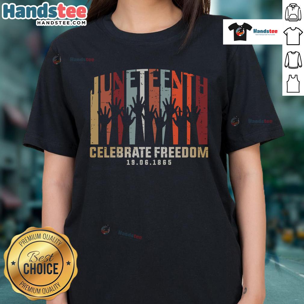 Hot Juneteenth Celebrate Freedom 6-19-1865 Ladies Tee featuring vibrant design celebrating Juneteenth history and culture.