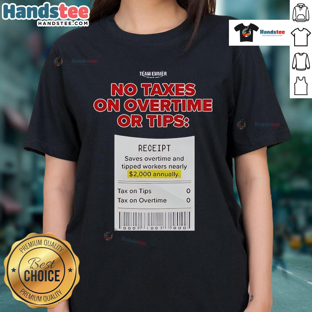 Hot Trump No Taxes on Overtime or Tips Ladies Tee, featuring bold graphic design and comfortable fit for casual wear.