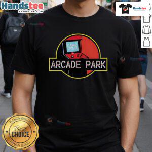 Nice Arcade Park X Jurassic Park T-Shirt featuring vibrant graphics and a unique dinosaur design for gaming fans.
