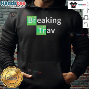 Travis Lewis wearing a Nice Breaking Trav hoodie featuring a periodic table design, perfect for science lovers.