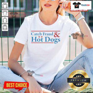 Alt Text: Nice Catch Fraud and Hot Dogs logo on a stylish ladies tee, perfect for casual outings and food lovers.