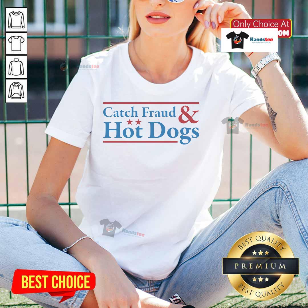 Alt Text: Nice Catch Fraud and Hot Dogs logo on a stylish ladies tee, perfect for casual outings and food lovers.