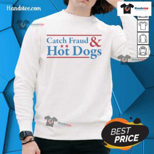 Alt Text: Nice Catch Fraud and Hot Dogs logo sweatshirt featuring a playful design on a cozy fabric, perfect for casual wear.