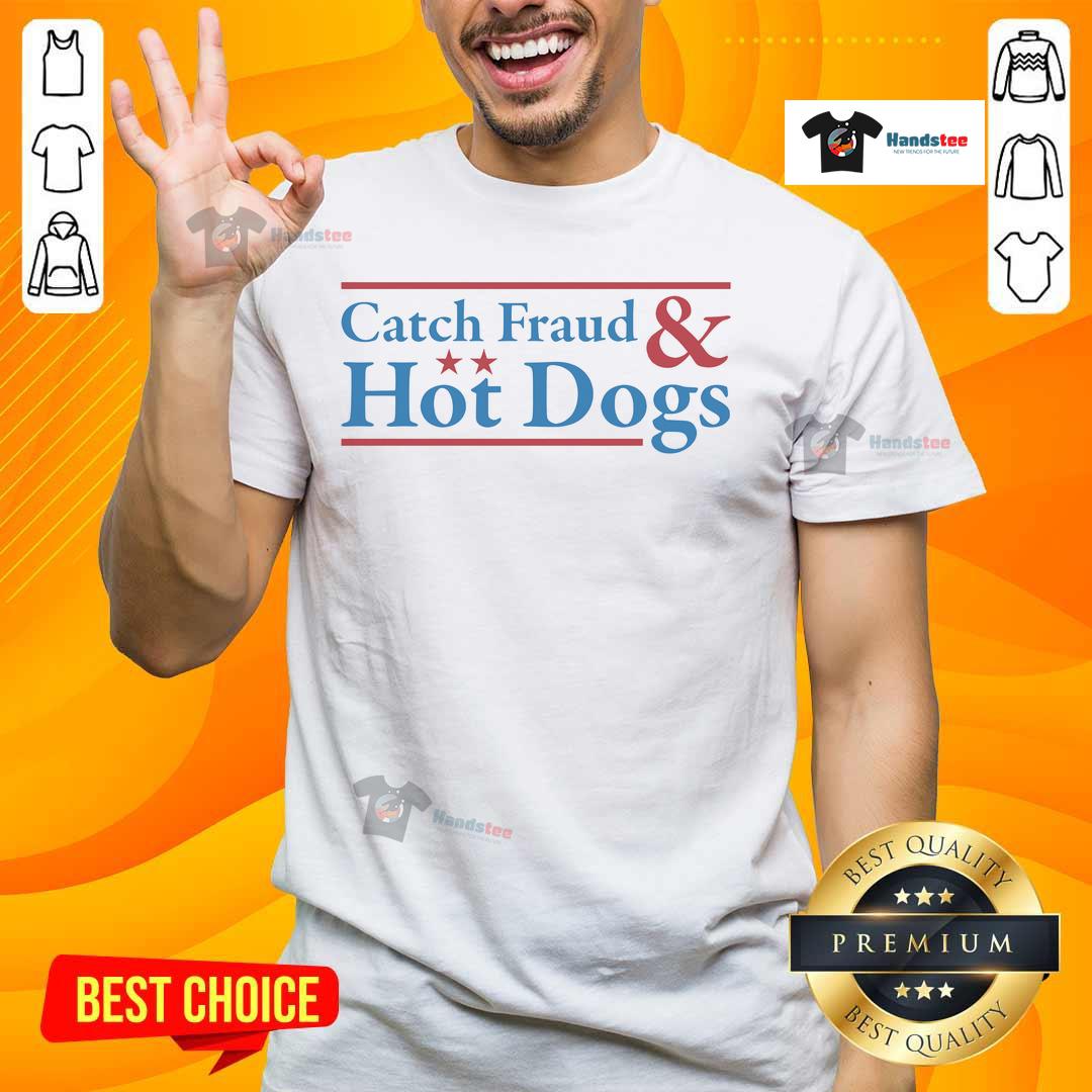 Nice Catch Fraud and Hot Dogs logo T-shirt featuring a fun design, perfect for casual wear and food lovers.