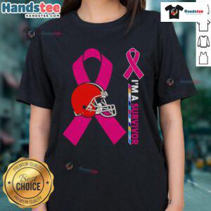 Nice Cleveland Browns X Cancer Awareness 'I'm A Survivor' ladies tee showcasing support for cancer survivors in team colors.