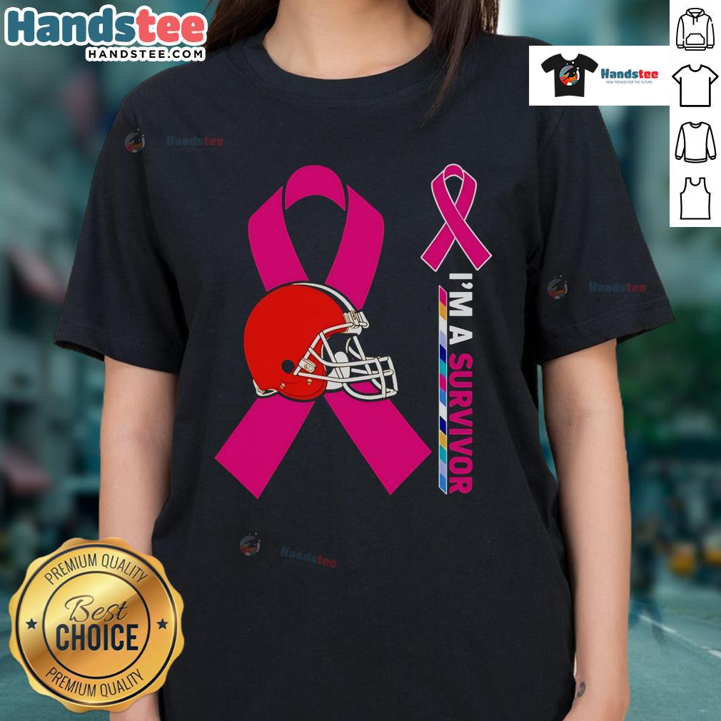 Nice Cleveland Browns X Cancer Awareness 'I'm A Survivor' ladies tee showcasing support for cancer survivors in team colors.