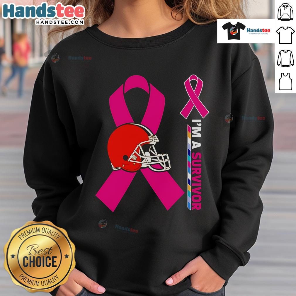 Cleveland Browns 'I'm A Survivor' sweatshirt for Cancer Awareness, featuring bold graphics and a comfortable fit.