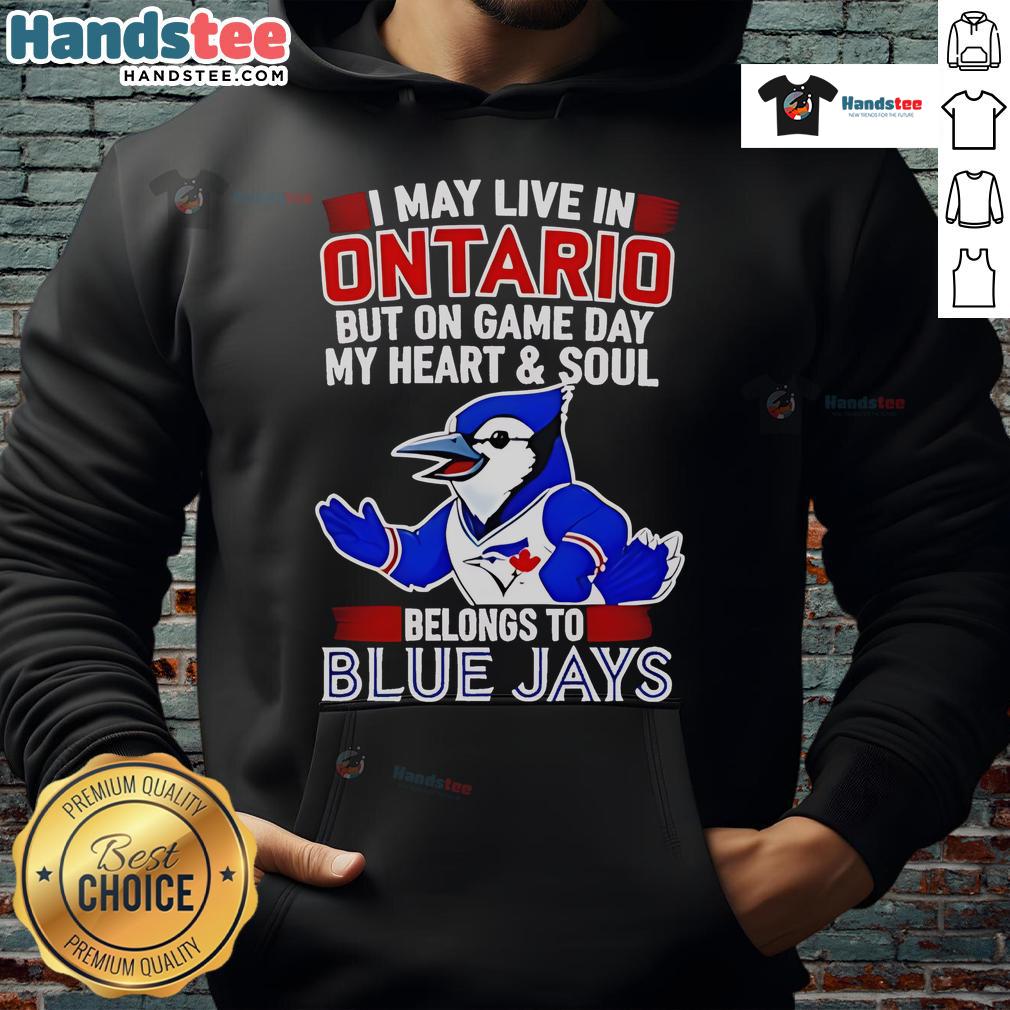 Person wearing a Toronto Blue Jays hoodie, expressing loyalty on game day, despite living in Ontario.