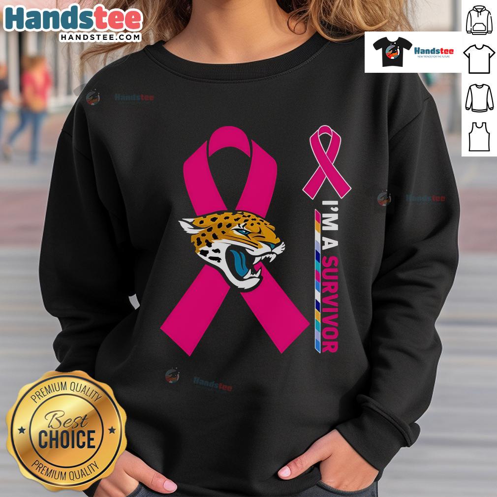 Alt Text: Jacksonville Jaguars X Cancer Awareness 'I'm A Survivor' Sweatshirt featuring team colors and supportive design.