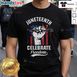 Juneteenth Celebrate Freedom T-Shirt featuring American flag design, perfect for Independence and cultural celebration.