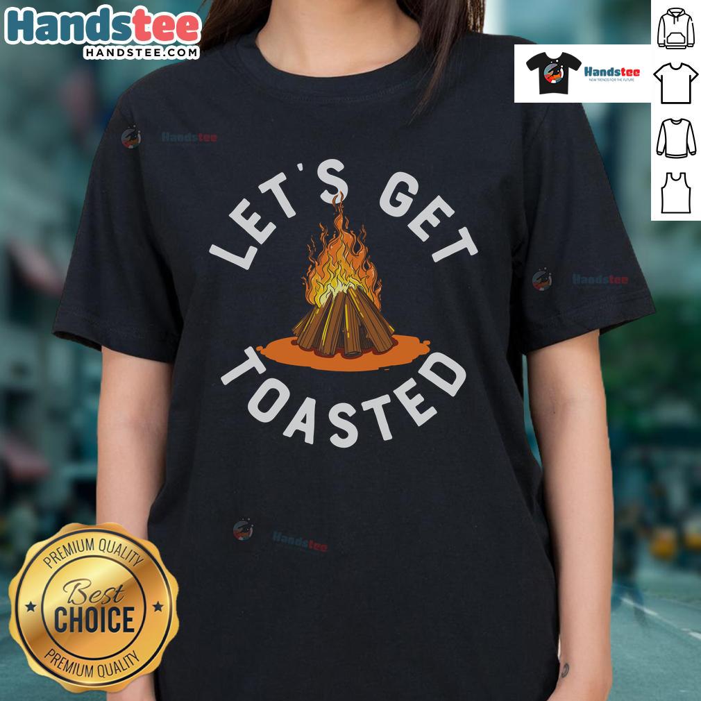 Womens 'Nice, Lets Get Toasted' Campfire Tee featuring a fun graphic for outdoor enthusiasts and camping lovers.
