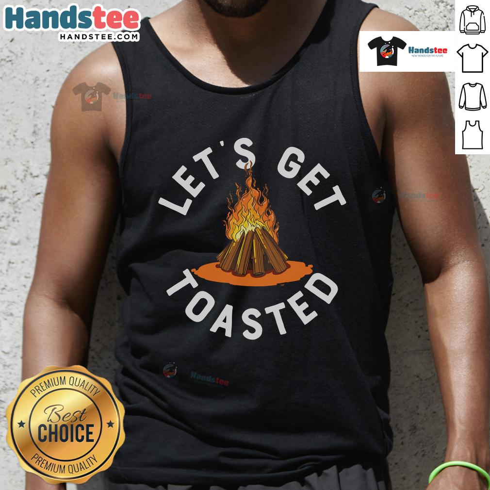 Nice Let's Get Toasted Campfire Tank Top featuring a fun campfire graphic, perfect for summer adventures and outdoor gatherings.