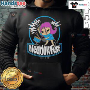 Nice Meadow Fest 2025 hoodie displayed on a rustic wooden background, showcasing vibrant colors and festival logo.