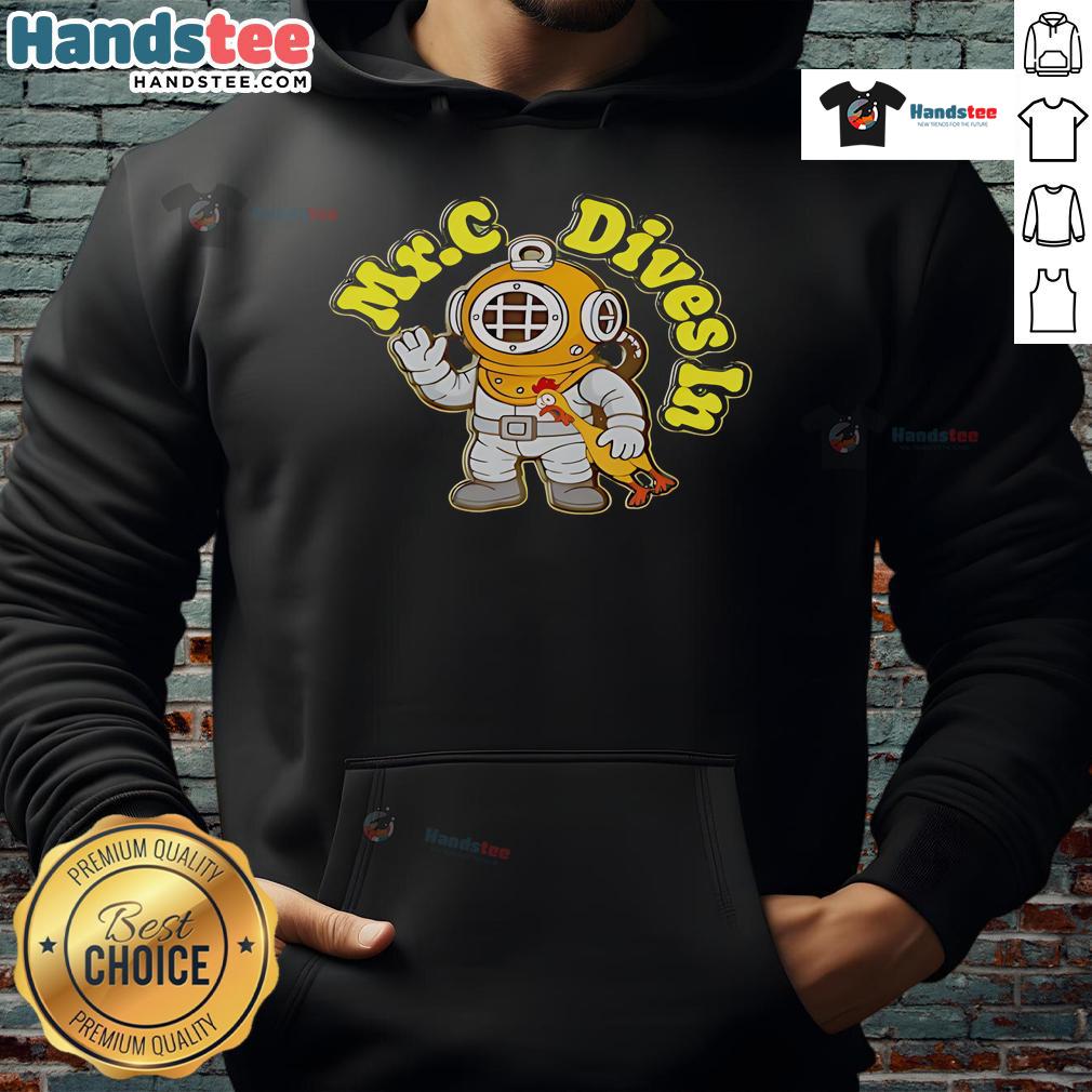 Alt Text: Nice Mr. C wearing a fun rubber chicken hoodie, smiling and ready for a playful day of adventures.