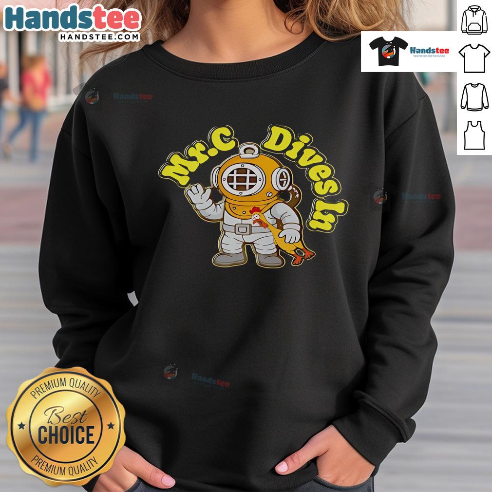 Nice Mr. C in a fun rubber chicken sweatshirt, showcasing a quirky and playful fashion style.