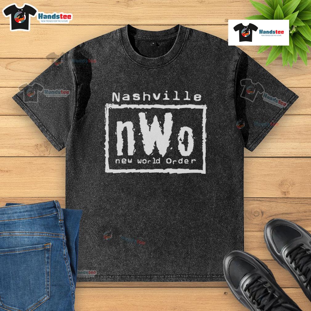 Nice Nashville nWo New World Order washed t-shirt featuring bold graphics and a vintage style, perfect for wrestling fans.